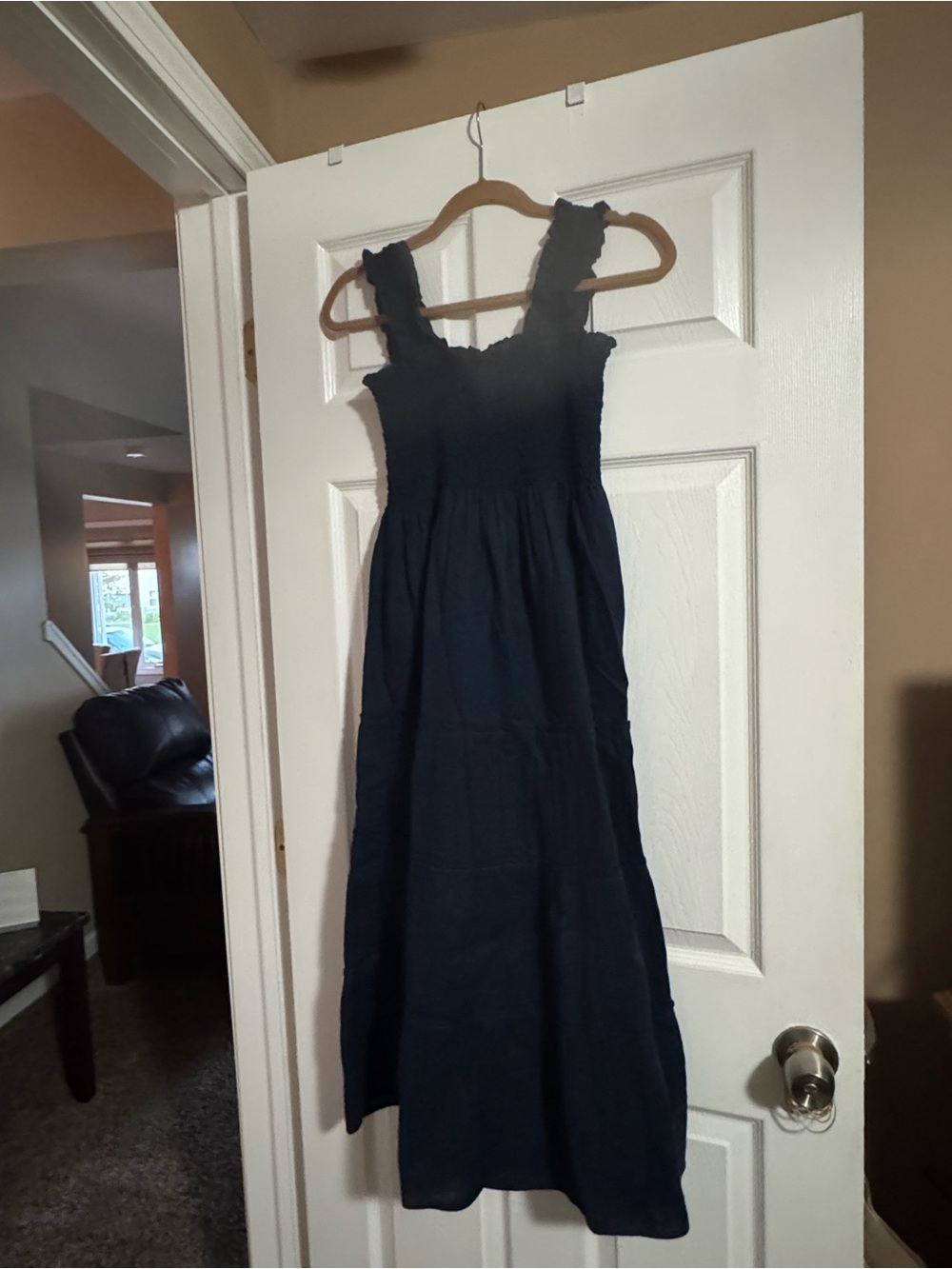 Quince Smocked Navy Maxi Dress with Ruffled Straps